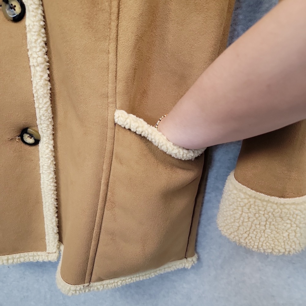 Vtg LL Bean Sherpa Lined Womens Faux Suede Shearling Jacket Coat Tan Brown Sz M - Picture 8 of 15